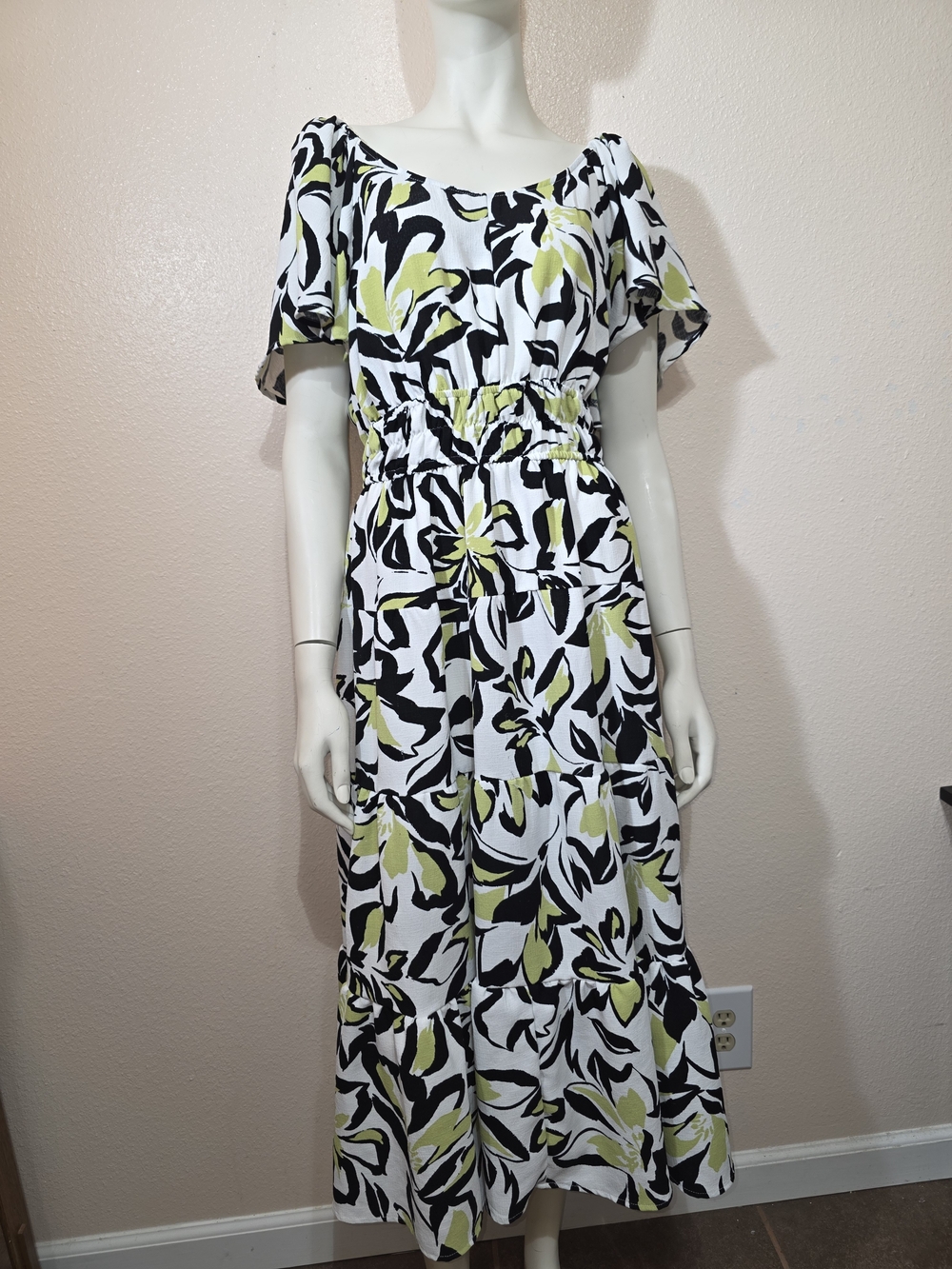 Fred David White, Black & Lime Floral High-Low Tiered Dress